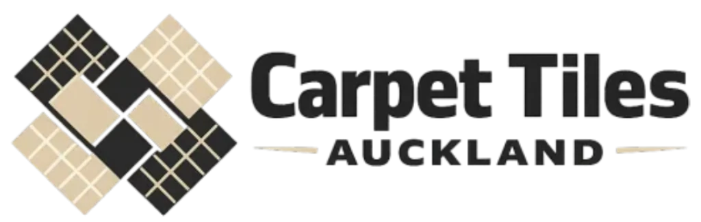 Official Carpet Tiles Auckland logo with beige and dark grey text on a black background.