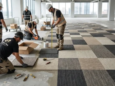 Professional installers laying down modern Living Room Carpet Tiles in a checkered pattern.