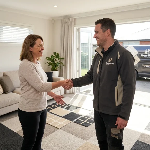 Satisfied homeowner shaking hands with a professional Carpet Tiles Auckland expert indoors.