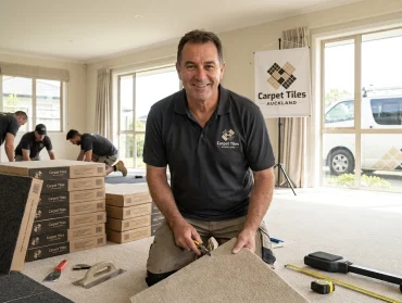 Professional installer cutting Kitchen Carpet Tiles with crew working in background.