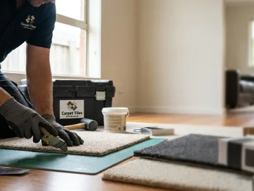 Professional installer carefully measuring and cutting Bathroom Carpet Tiles indoors.