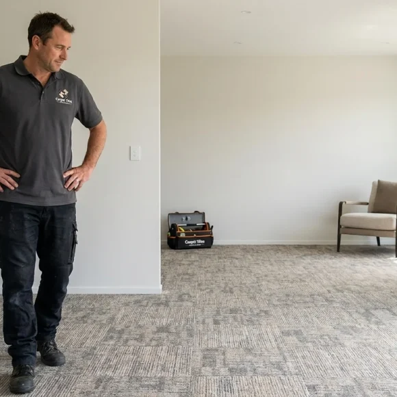 Professional installer admiring newly laid Carpet Tiles Auckland in a residential living area.