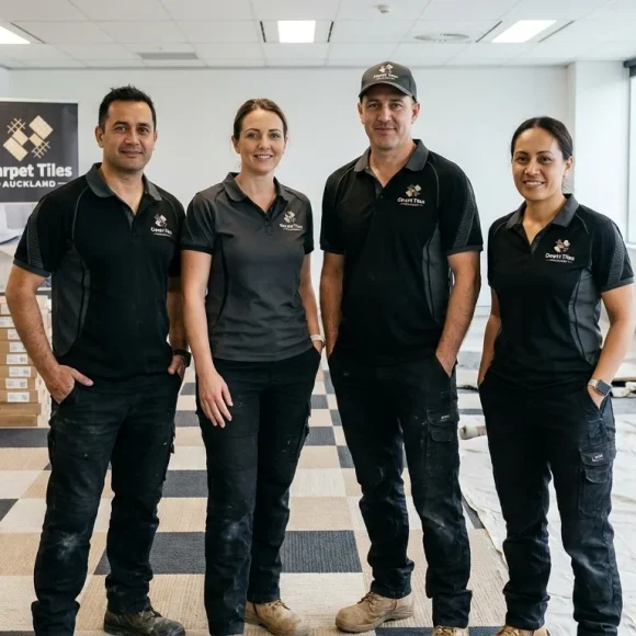 Dedicated Carpet Tiles Auckland installation specialists standing on a completed project.