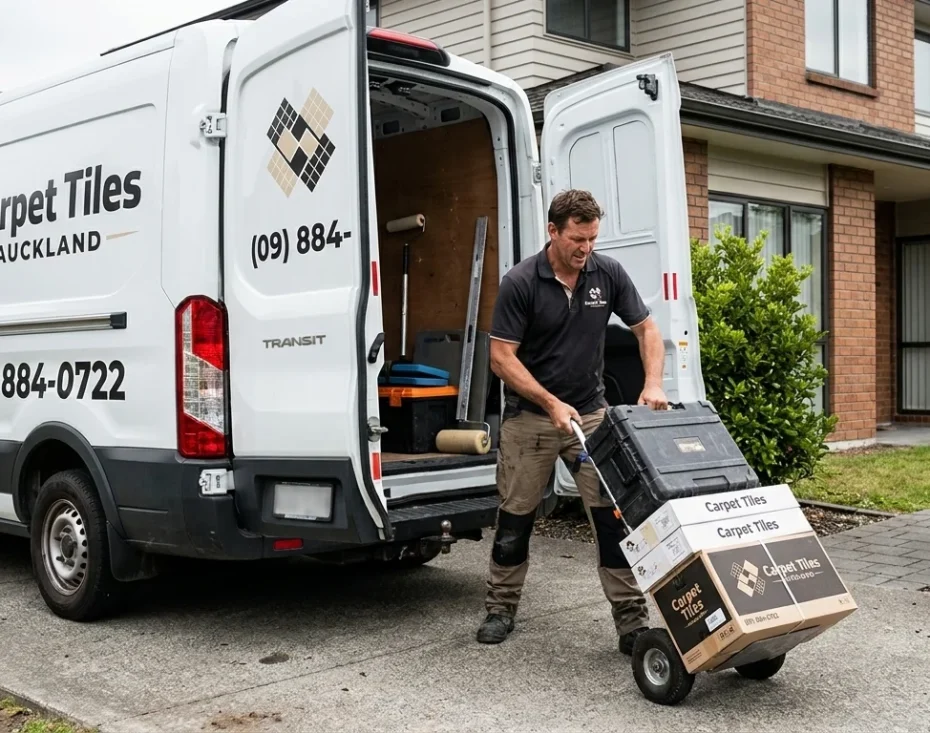 Professional worker unloading boxes of Carpet Tiles Auckland from a branded delivery van.
